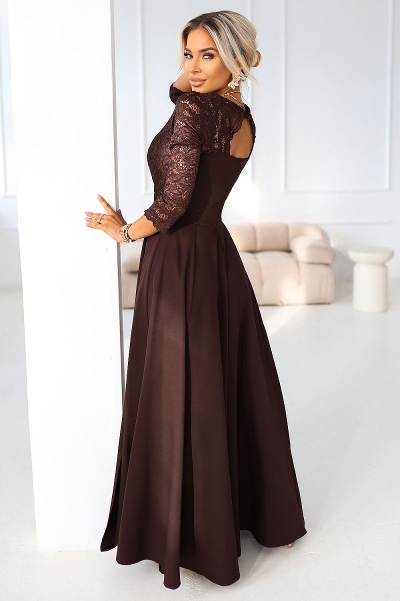 Brown Lace Slit Maxi Dress - 