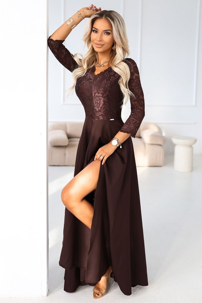 Brown Lace Slit Maxi Dress - 