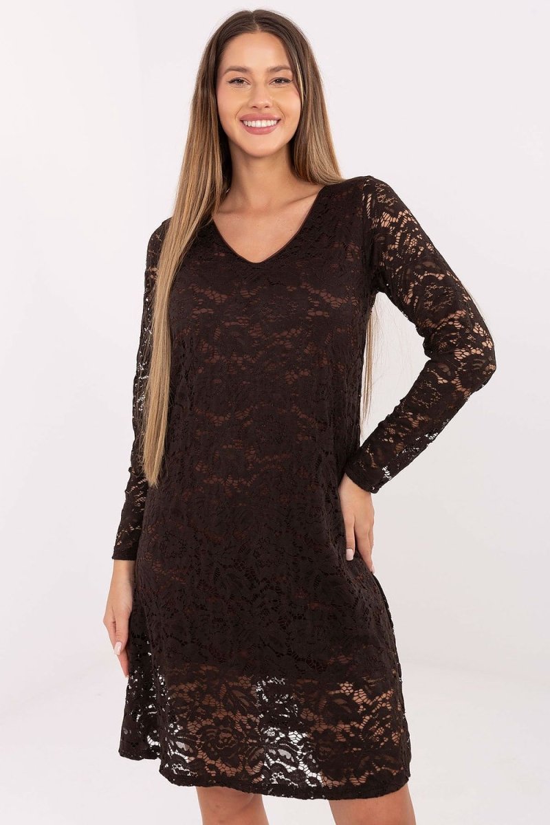 Brown Lace Sweetheart Neck Dress - 