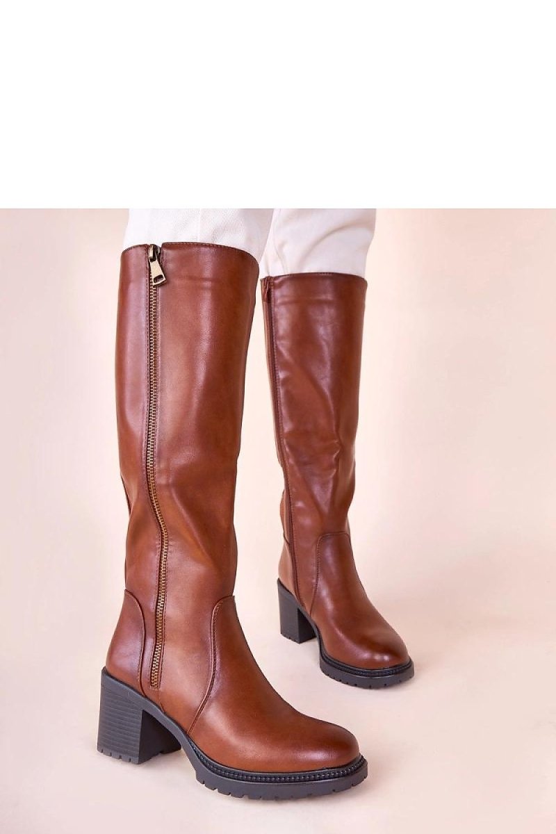 Brown Leather Heel Boots with Elastic Insert - 