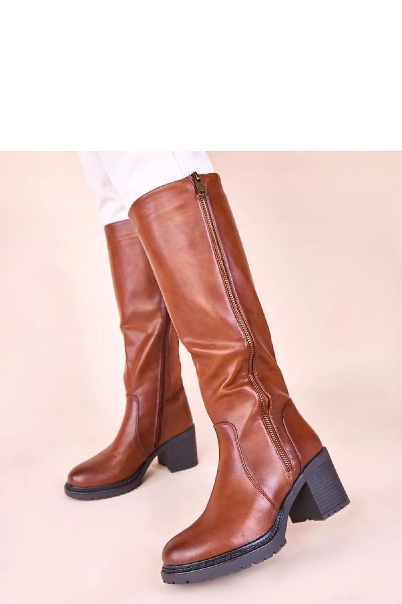 Brown Leather Heel Boots with Elastic Insert - 