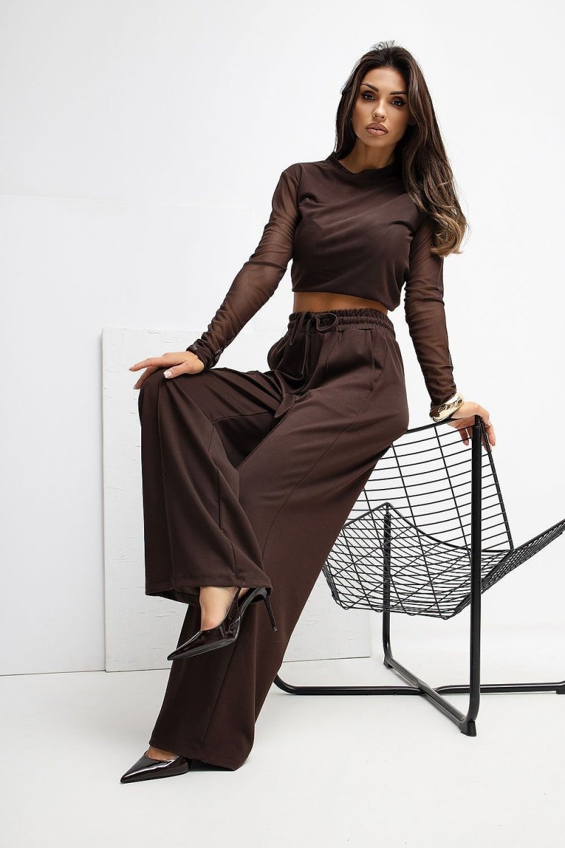 Brown Palazzo Sweatpants with Tie Waist - 