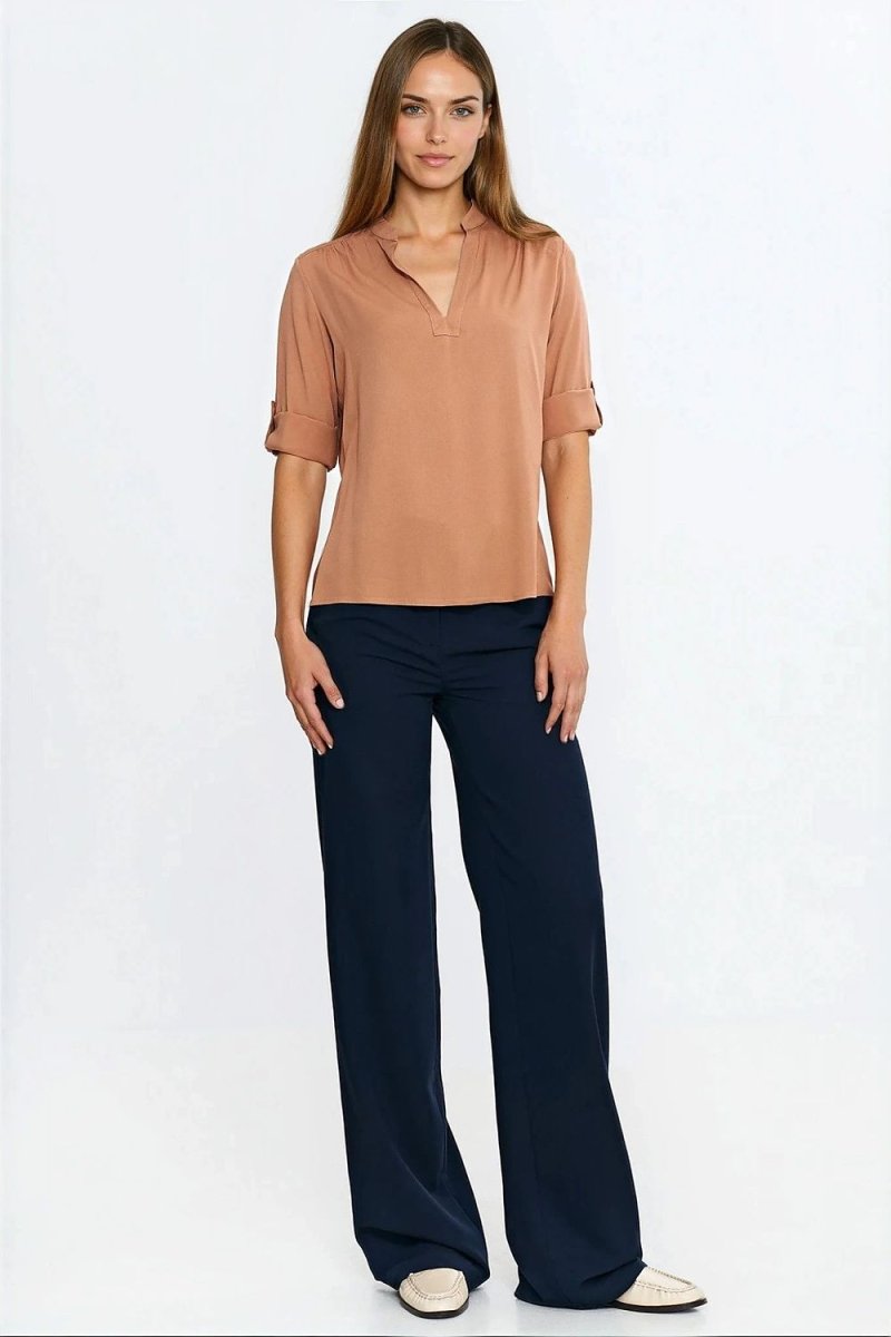 Brown Viscose Blouse with V - Neck - 