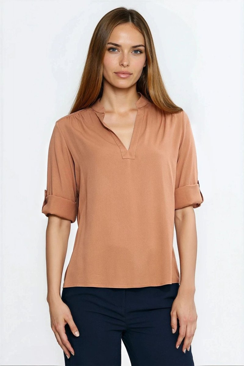 Brown Viscose Blouse with V - Neck - 