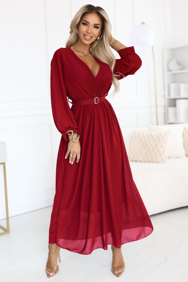 Burgundy Maxi Dress with Sweetheart Neckline - 
