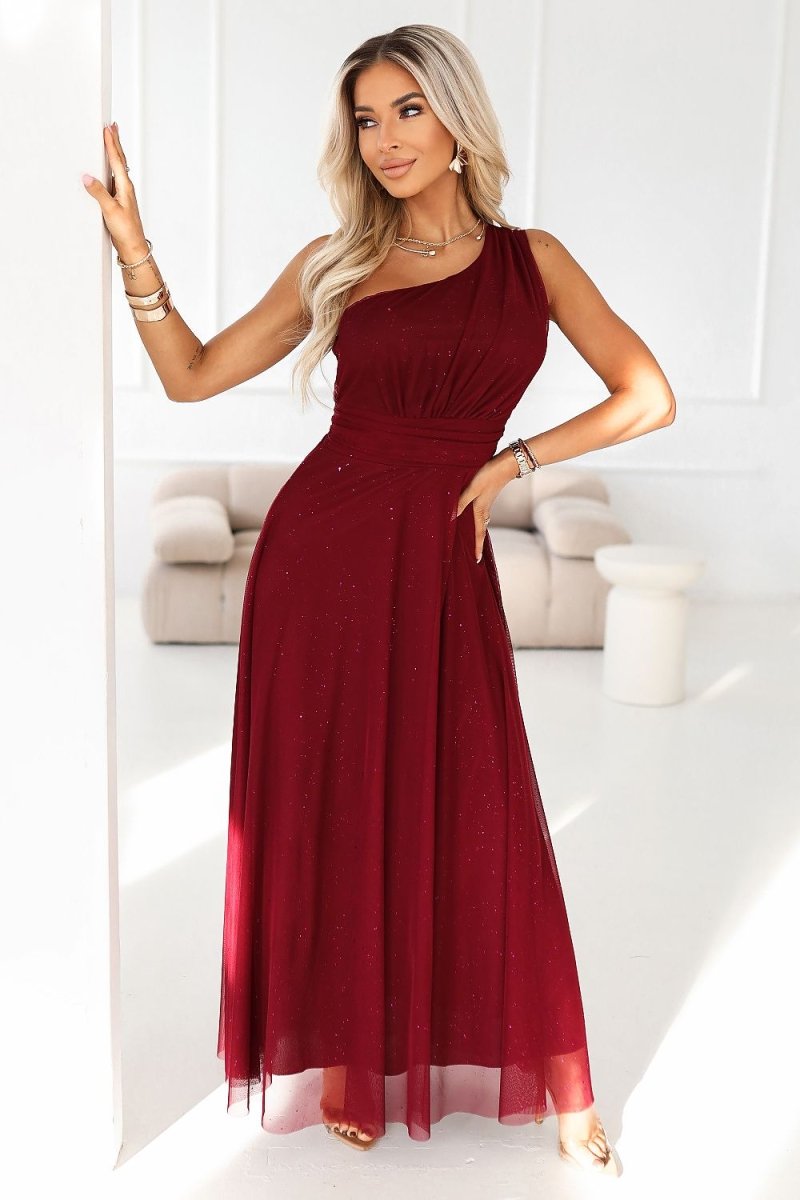 Burgundy One - Shoulder Evening Maxi Dress - 
