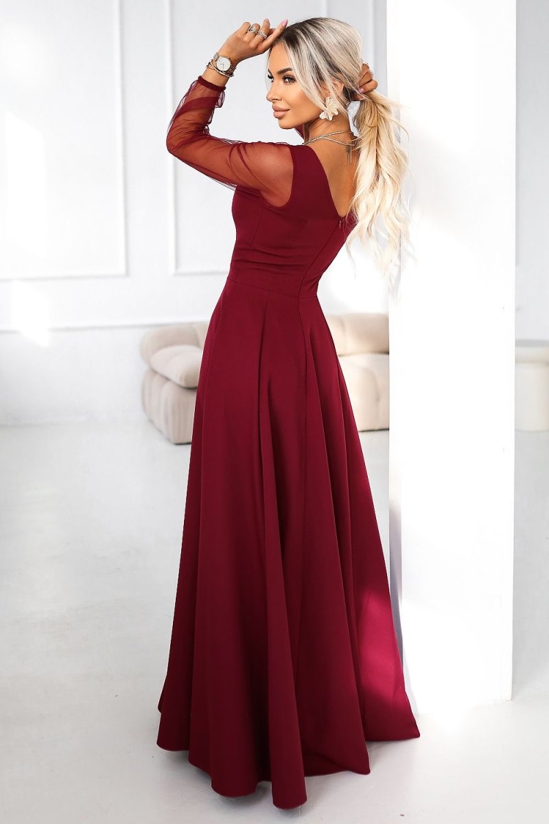 Burgundy Tulle Sleeve Maxi Dress - 