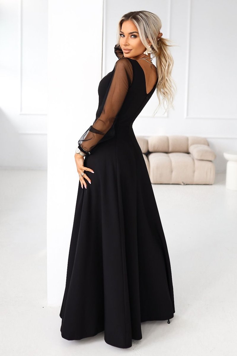Burgundy Tulle Sleeve Maxi Dress - 