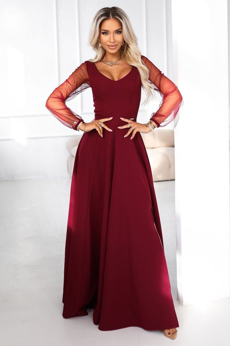 Burgundy Tulle Sleeve Maxi Dress - 