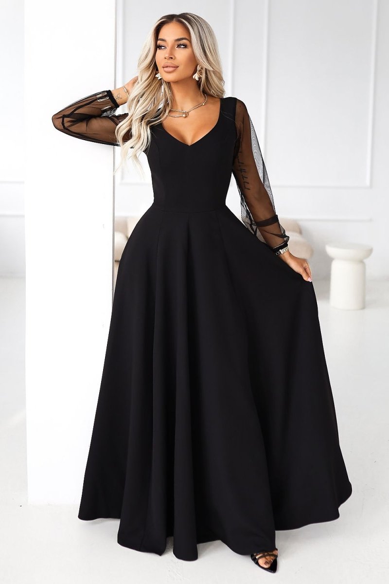 Burgundy Tulle Sleeve Maxi Dress - 