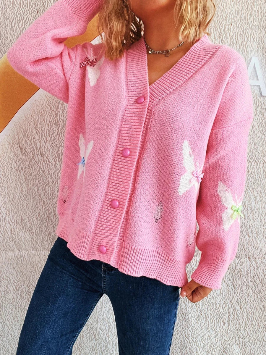 Butterfly Button Up Long Sleeve Cardigan - 