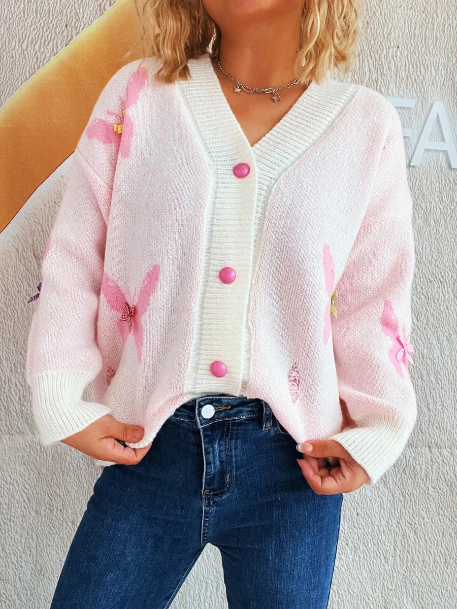 Butterfly Button Up Long Sleeve Cardigan - 