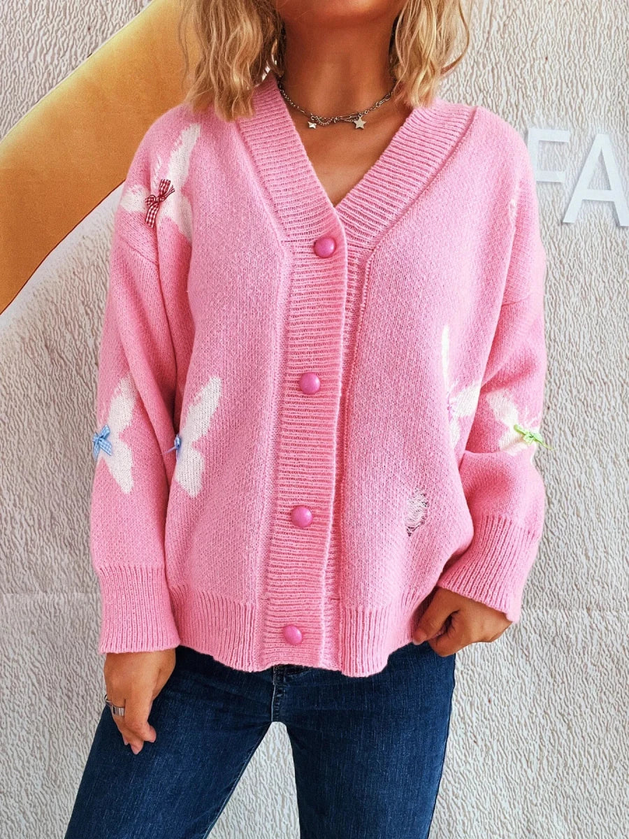 Butterfly Button Up Long Sleeve Cardigan - 
