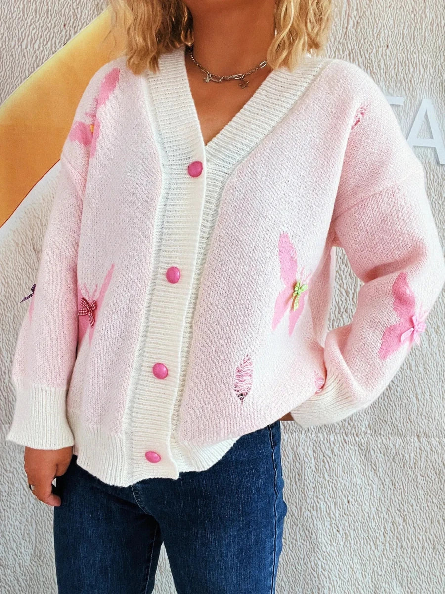 Butterfly Button Up Long Sleeve Cardigan - 