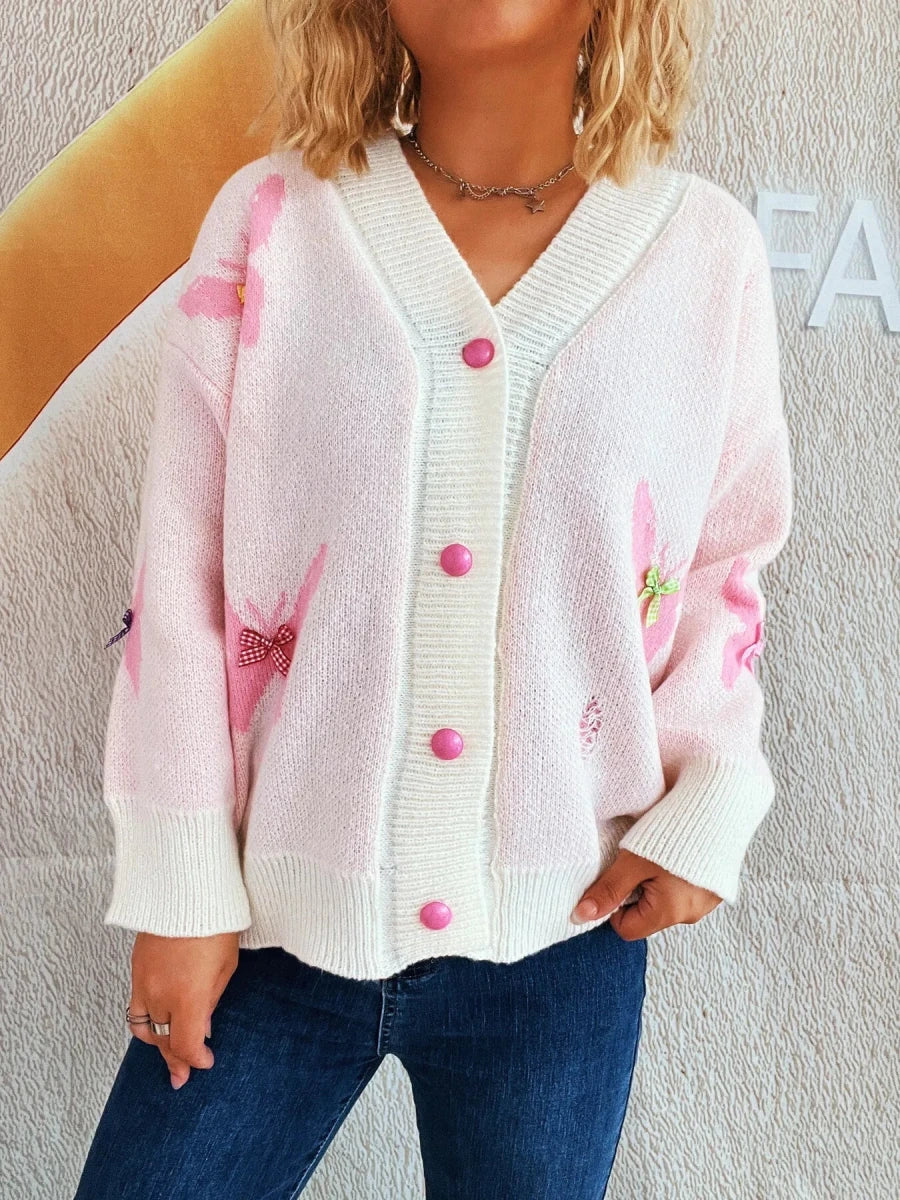 Butterfly Button Up Long Sleeve Cardigan - 