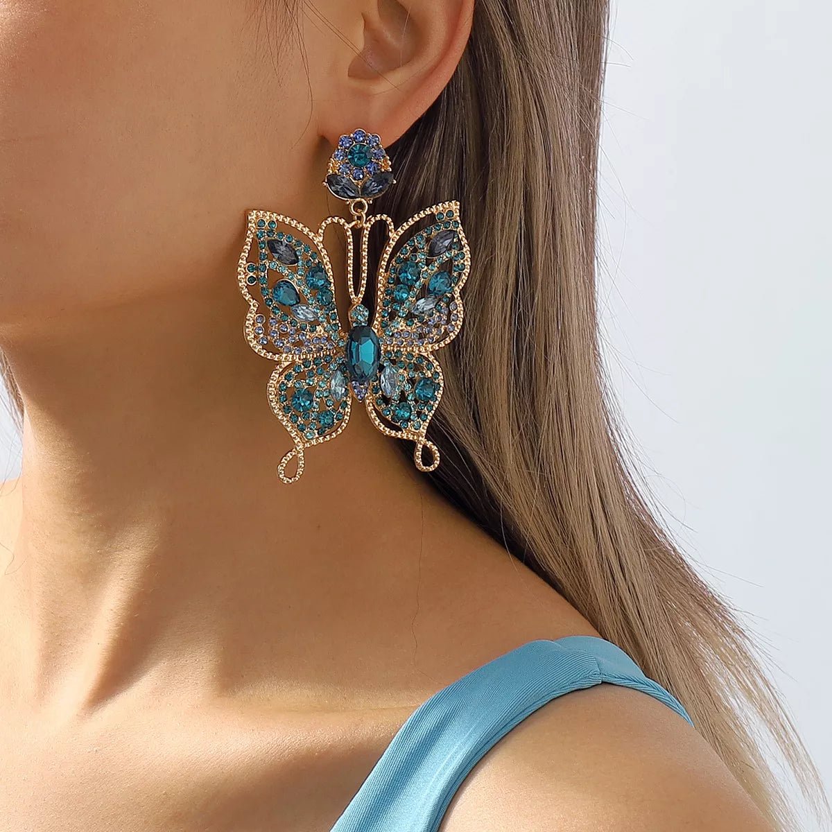 Butterfly Rhinestone Dangle Earrings - 