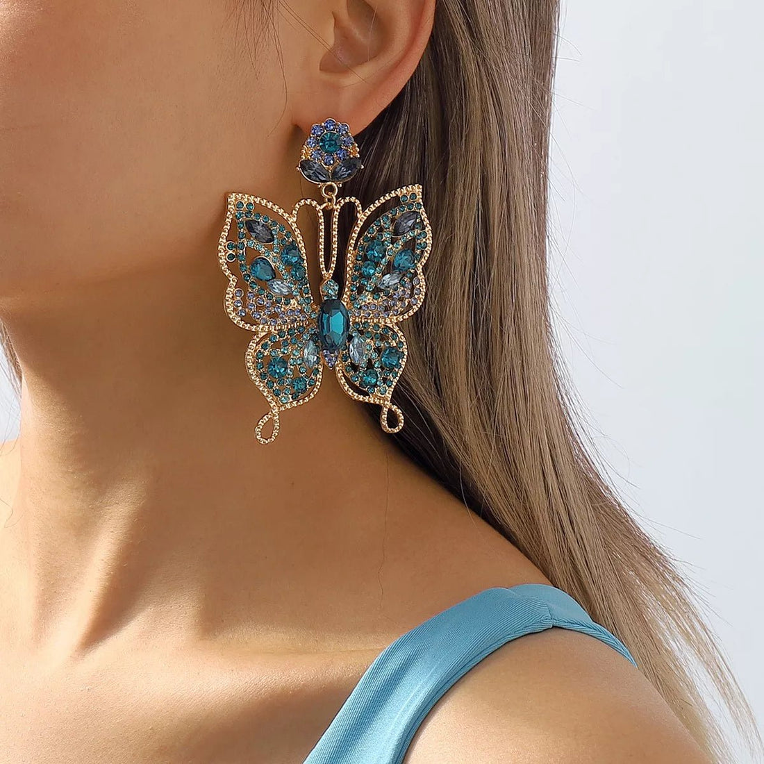 Butterfly Rhinestone Dangle Earrings - 