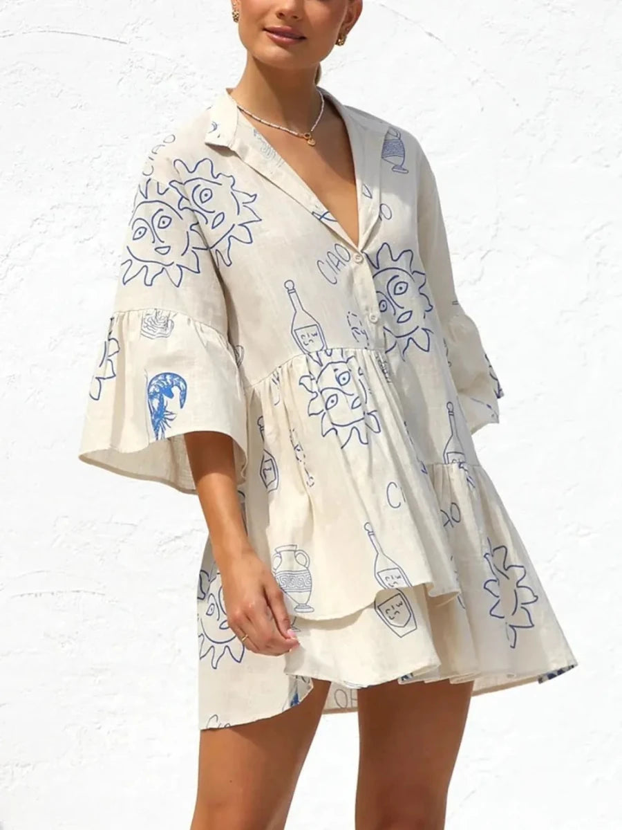 Button Detail Printed Mini Dress - 