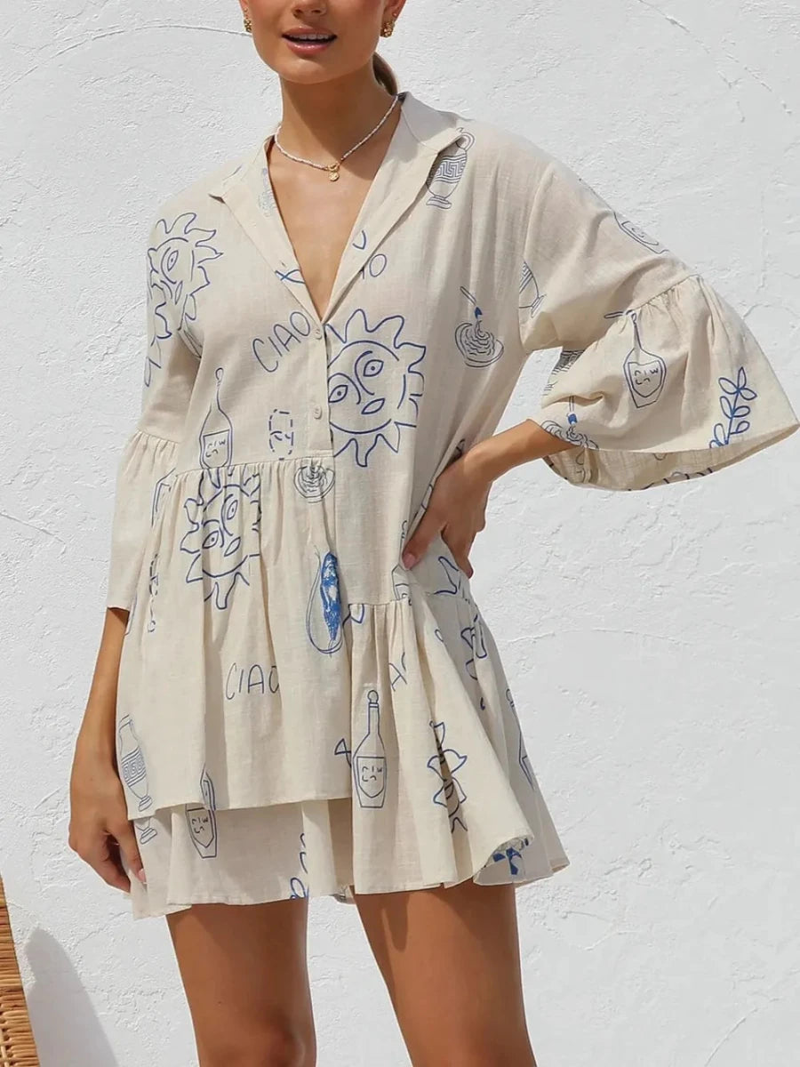 Button Detail Printed Mini Dress - 