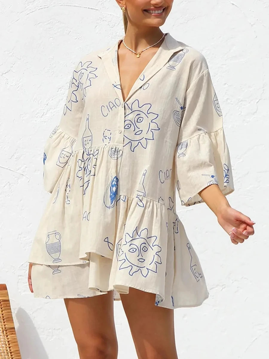 Button Detail Printed Mini Dress - 