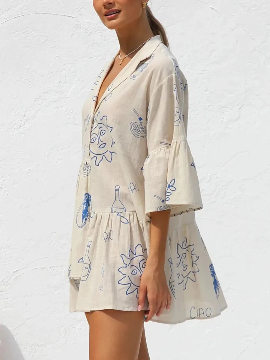 Button Detail Printed Mini Dress - 
