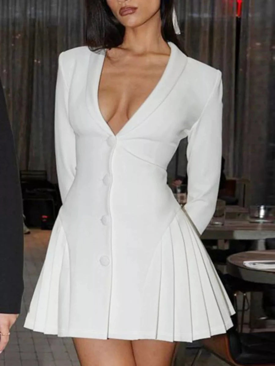 Button Down Blazer Pleated Mini Dress - 