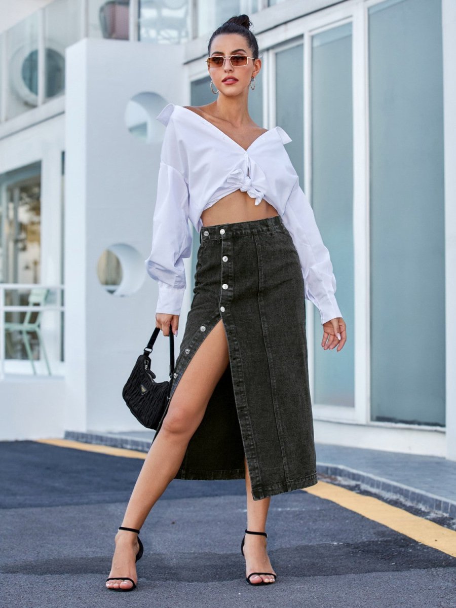 Button Down Denim Skirt - Bottoms