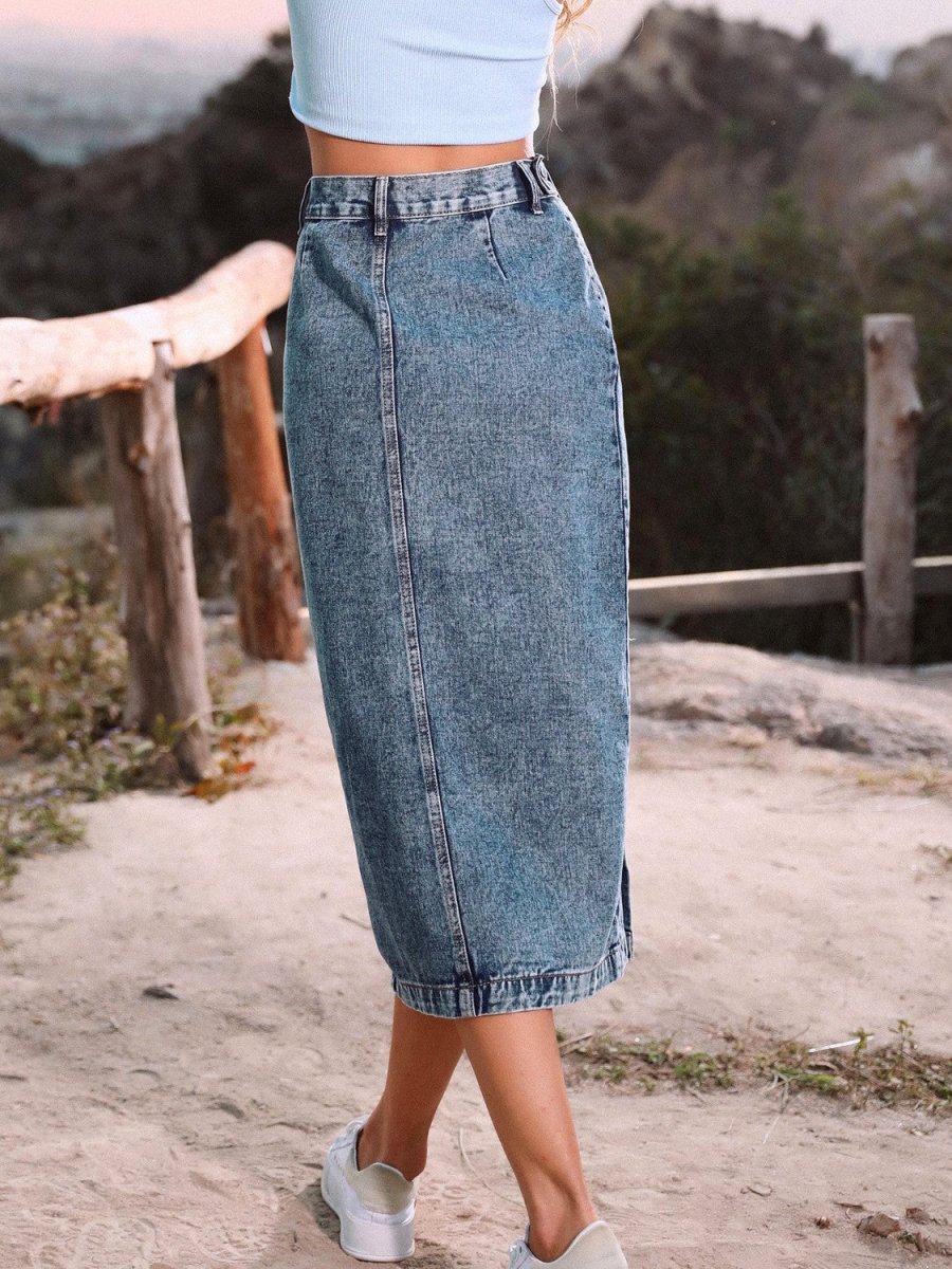 Button Down Denim Skirt - Bottoms