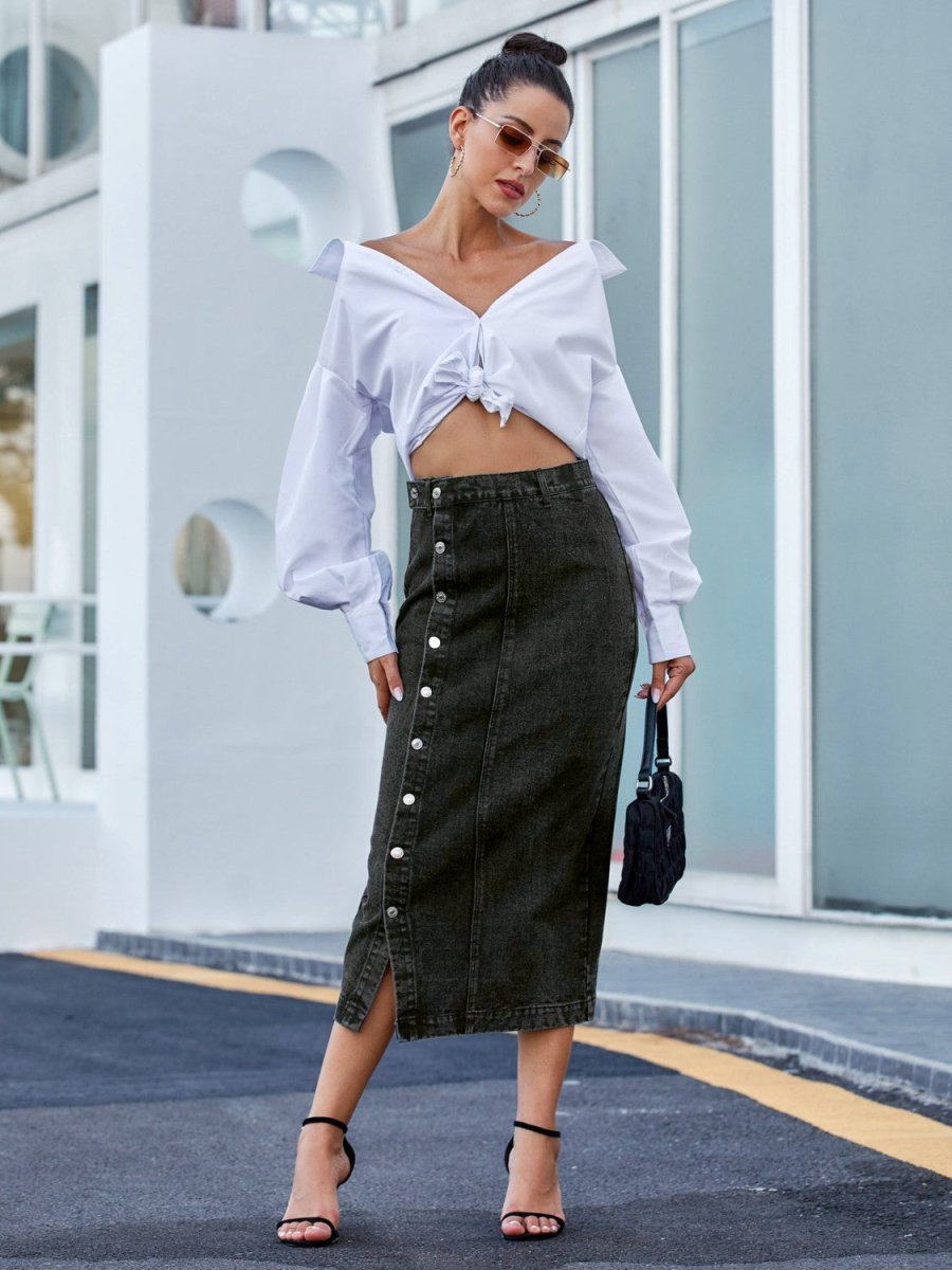 Button Down Denim Skirt - Bottoms