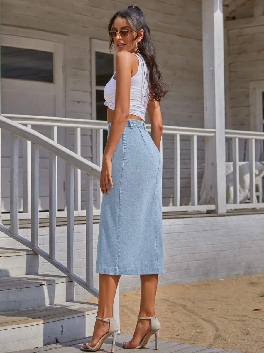Button Down Denim Skirt - Bottoms