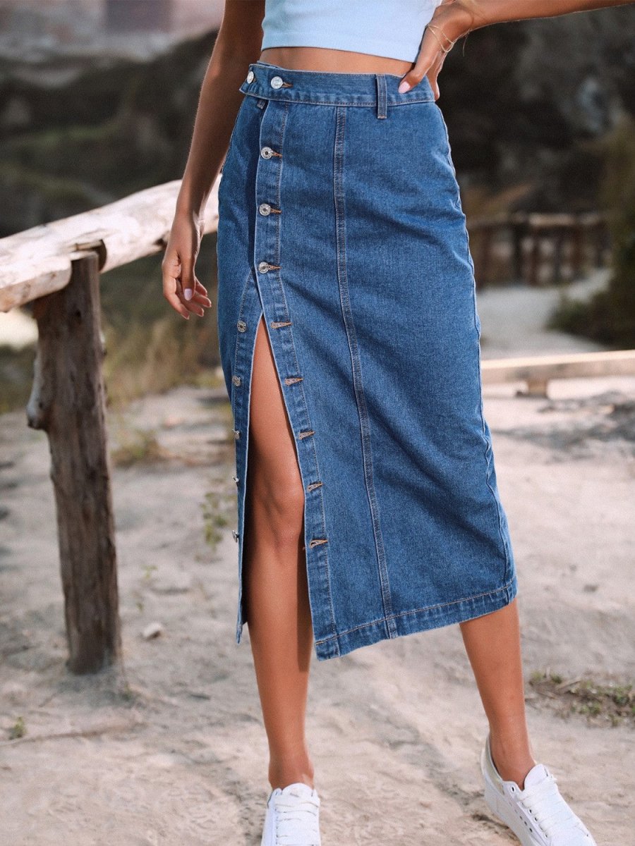 Button Down Denim Skirt - Bottoms