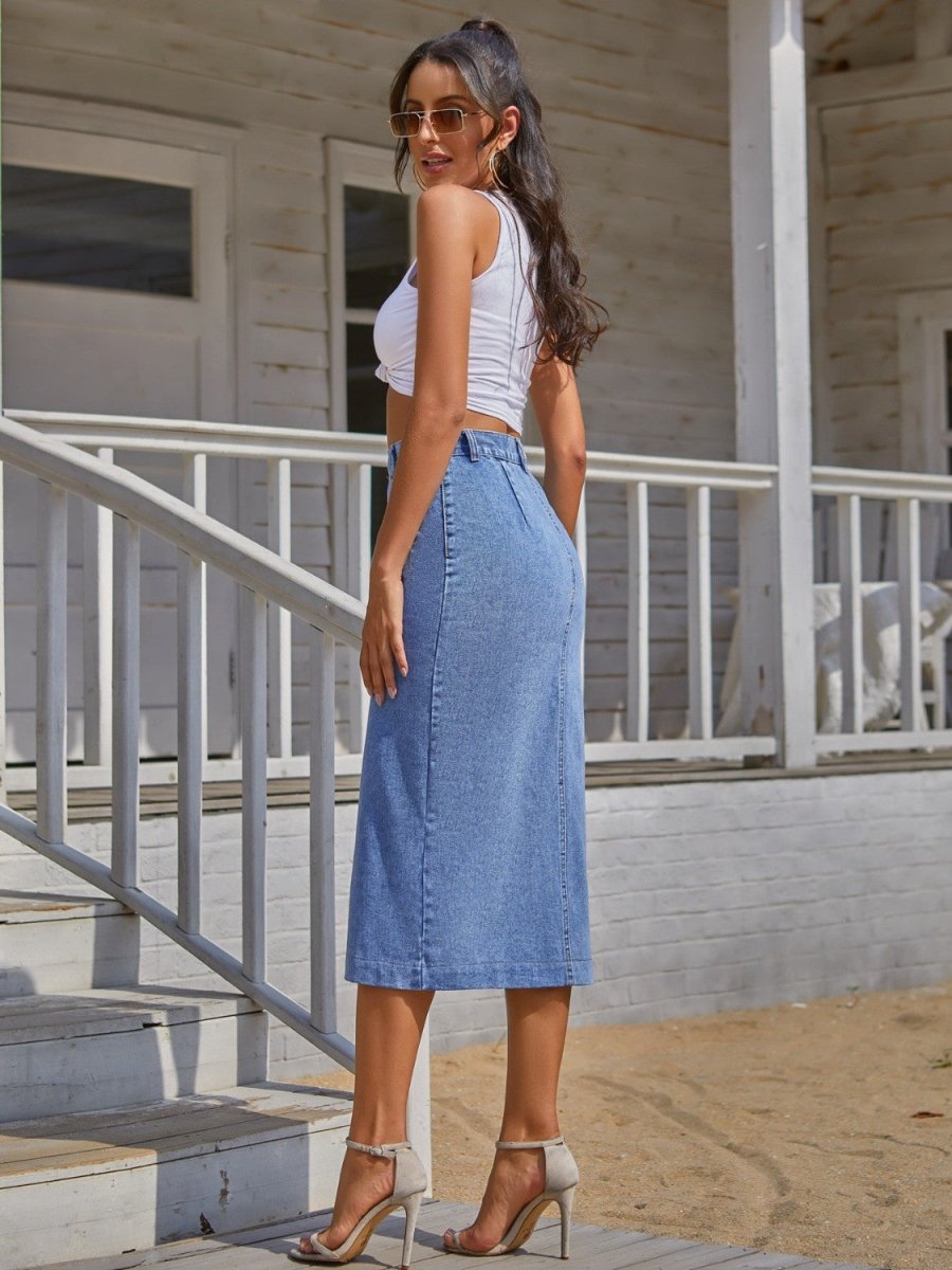 Button Down Denim Skirt - Bottoms