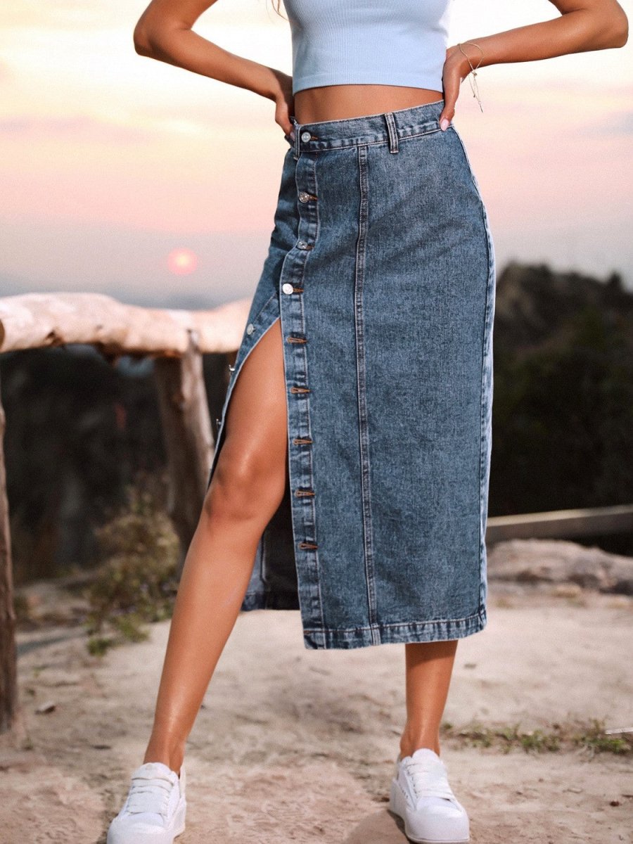Button Down Denim Skirt - Bottoms