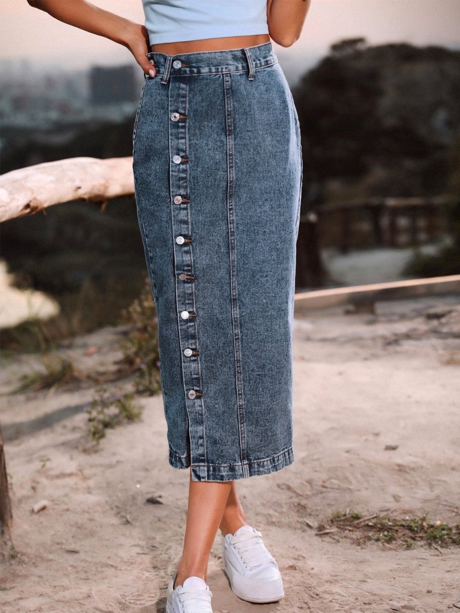 Button Down Denim Skirt - Bottoms