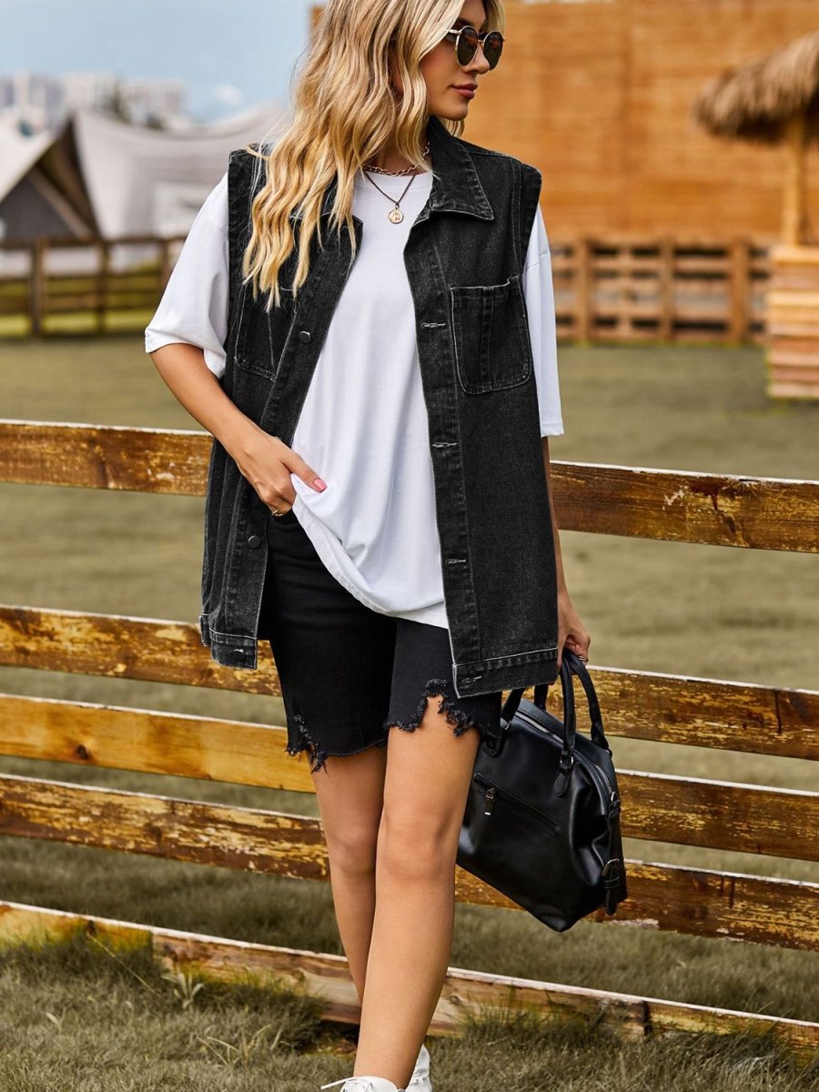 Button Down Denim Vest - Outerwear