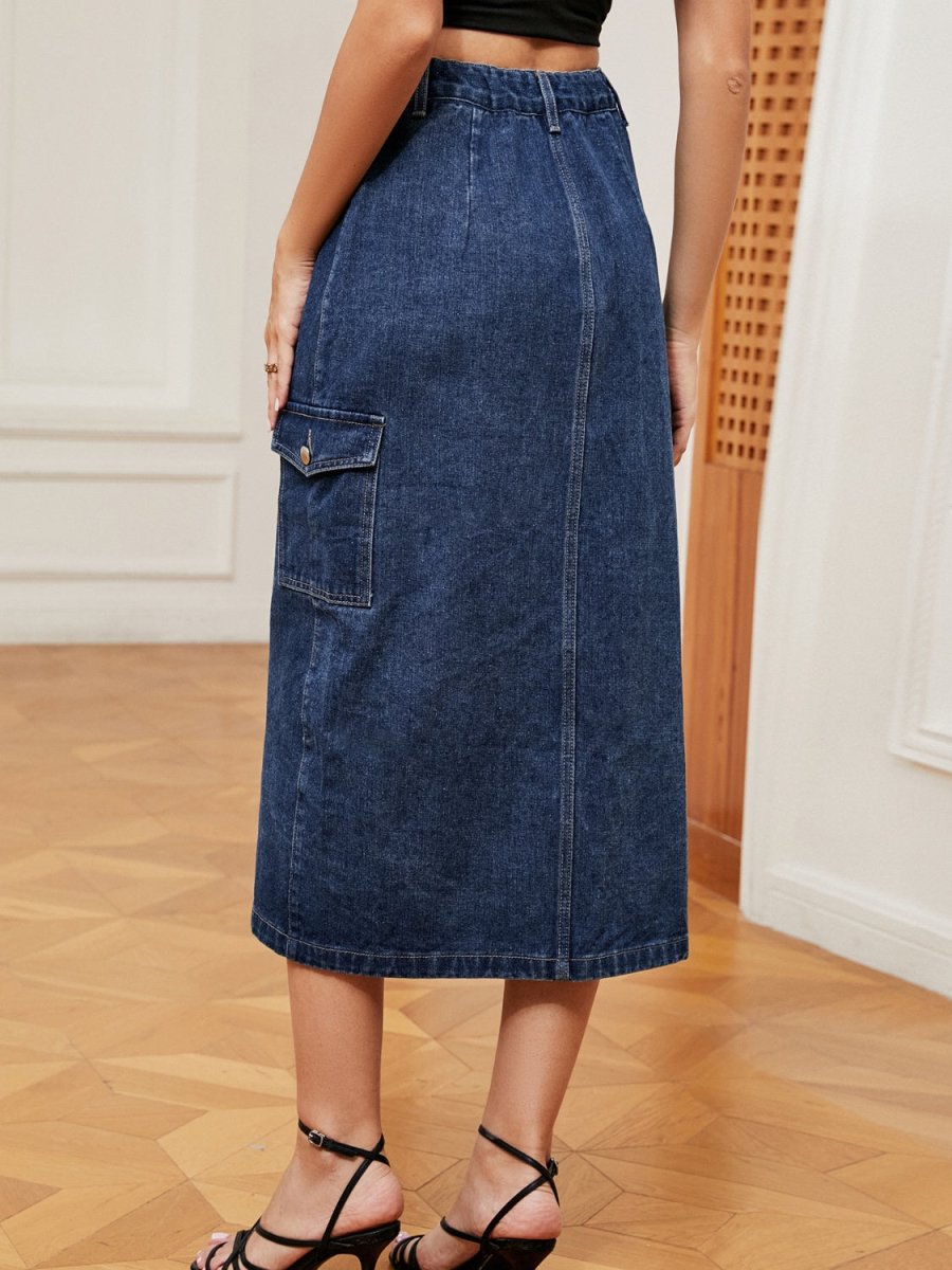 Button Down Midi Denim Skirt - Bottoms