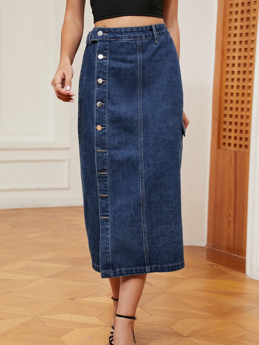 Button Down Midi Denim Skirt - Bottoms