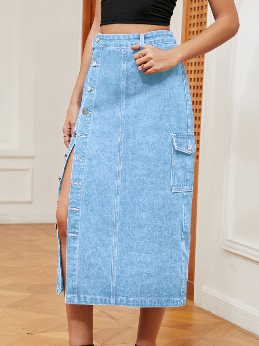 Button Down Midi Denim Skirt - Bottoms