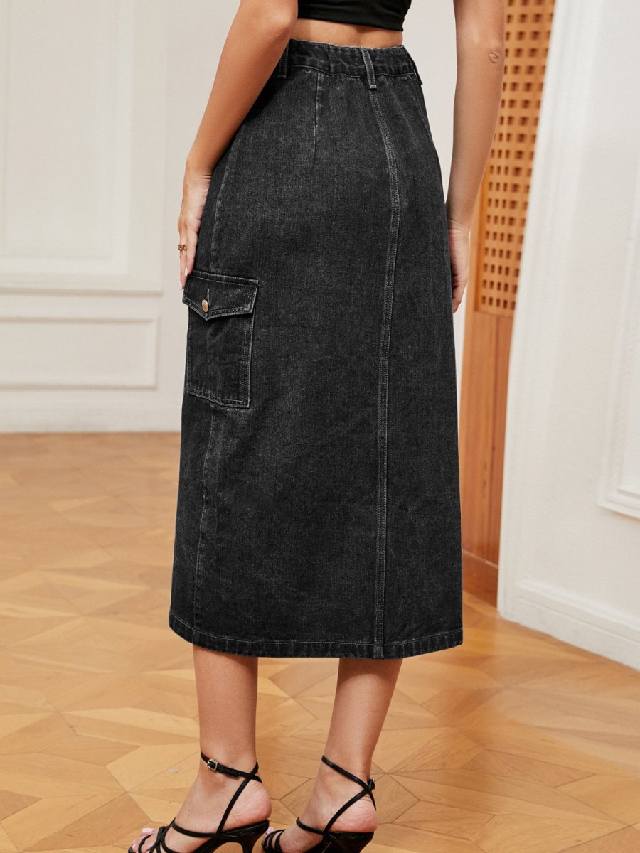 Button Down Midi Denim Skirt - Bottoms