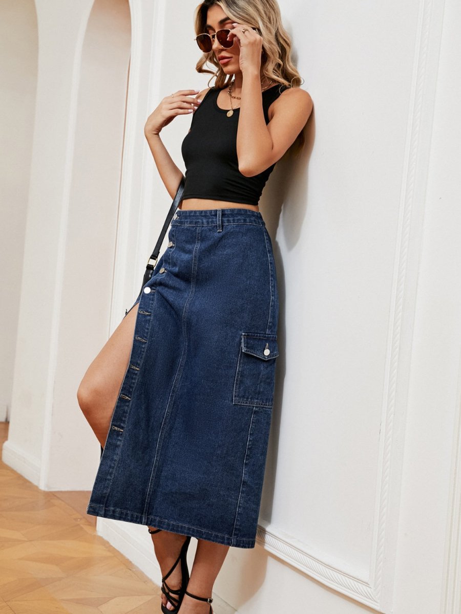 Button Down Midi Denim Skirt - Bottoms