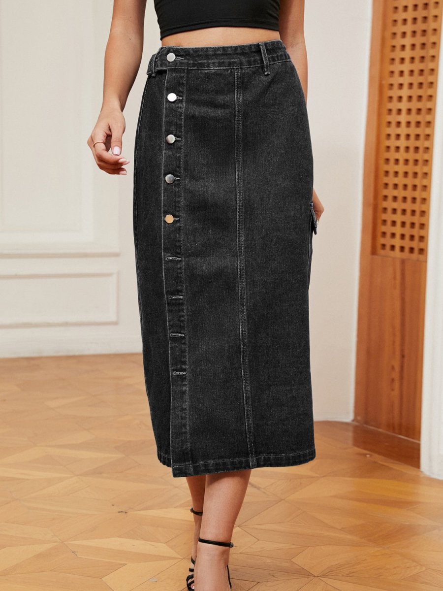 Button Down Midi Denim Skirt - Bottoms