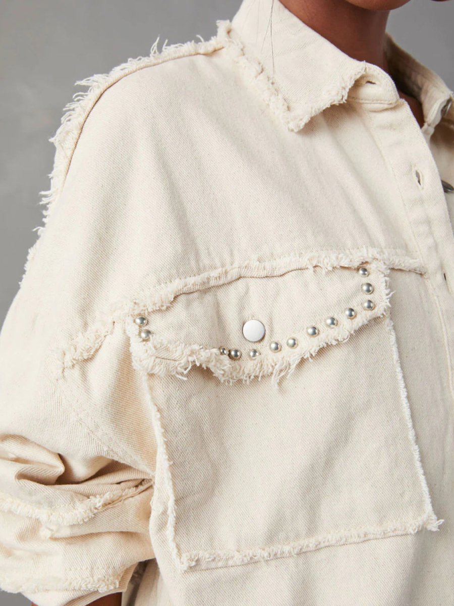 Button Down Raw Hem Denim Jacket - Outerwear