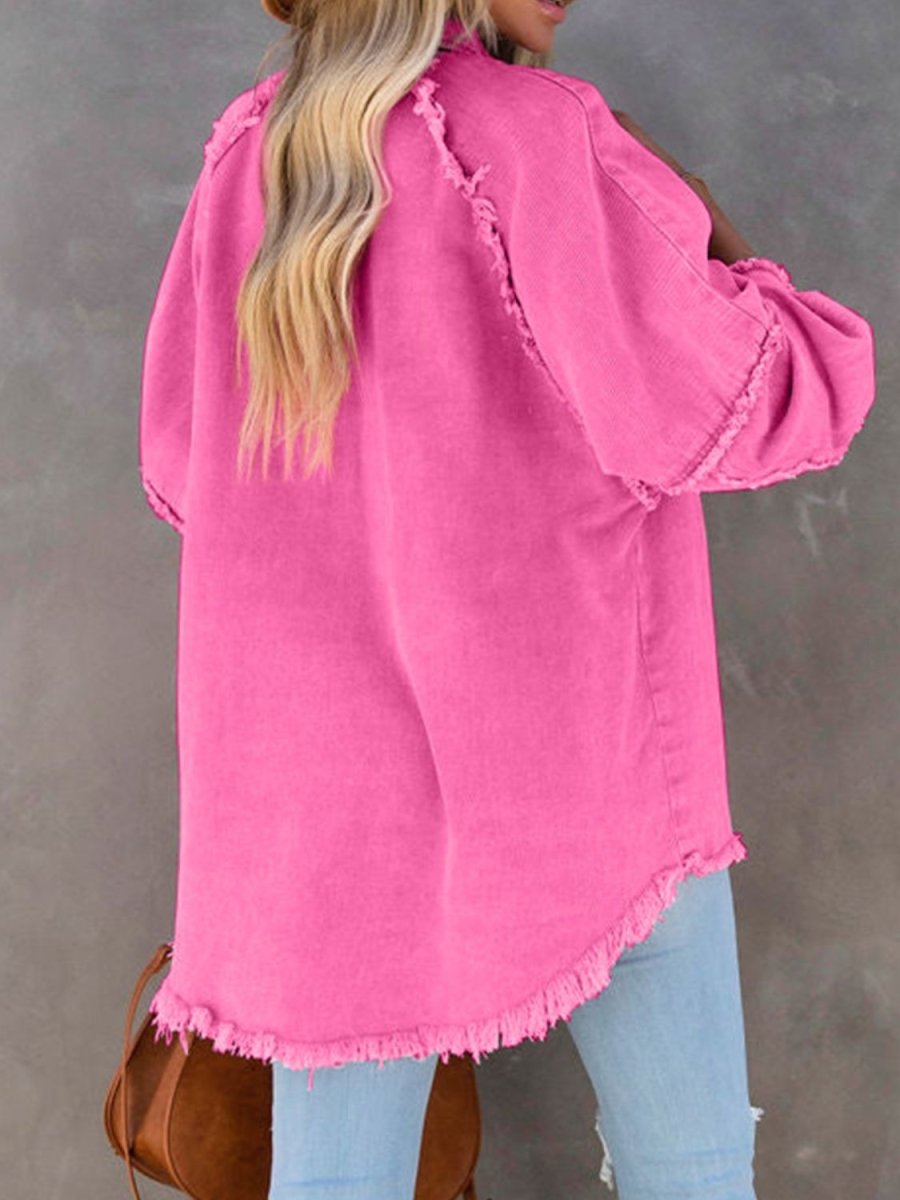 Button Down Raw Hem Denim Jacket - Outerwear