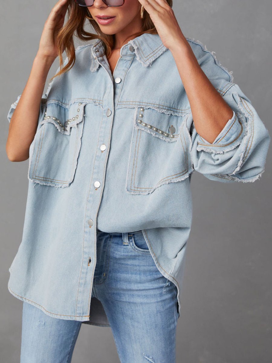 Button Down Raw Hem Denim Jacket - Outerwear