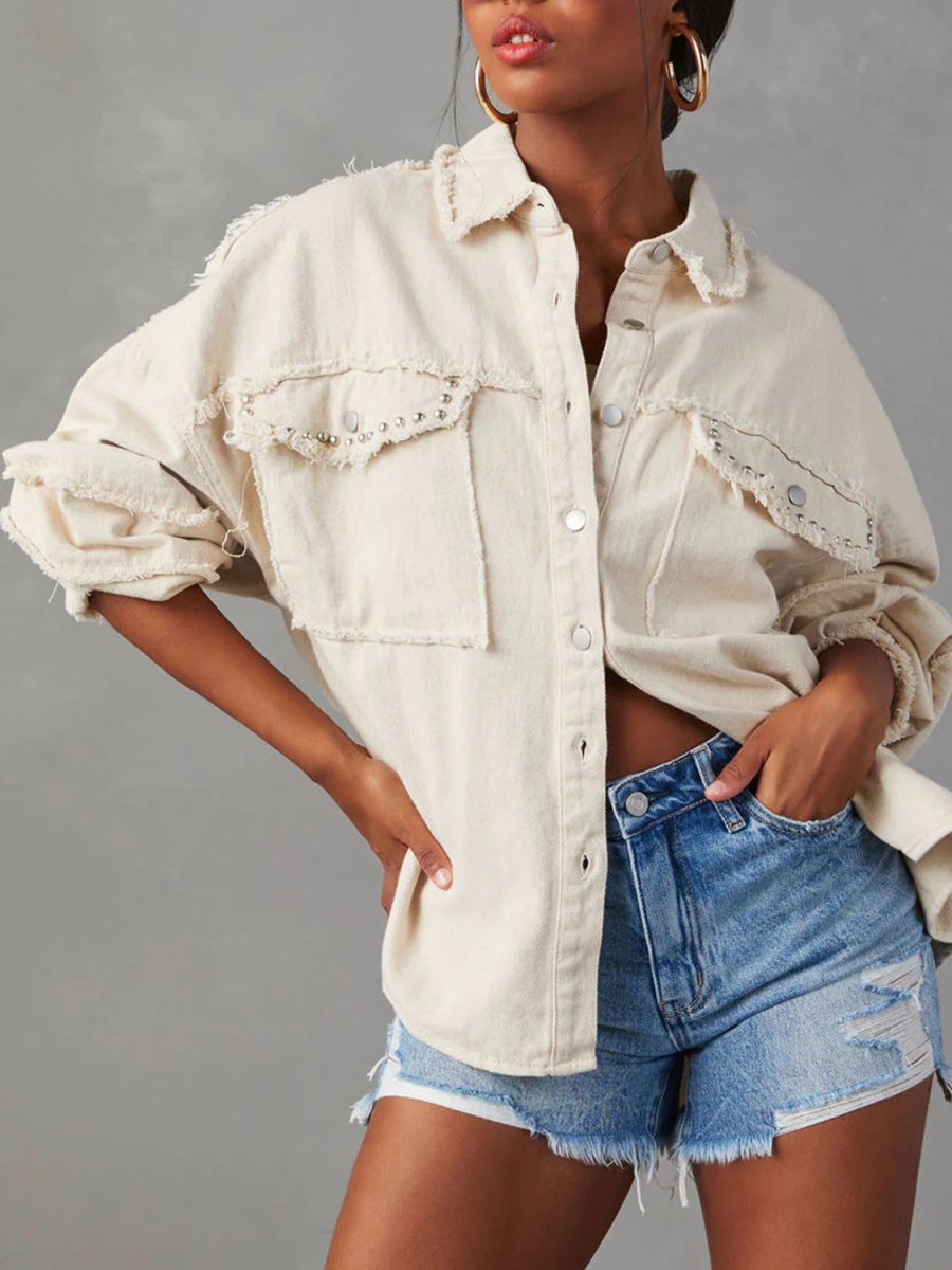 Button Down Raw Hem Denim Jacket - Outerwear