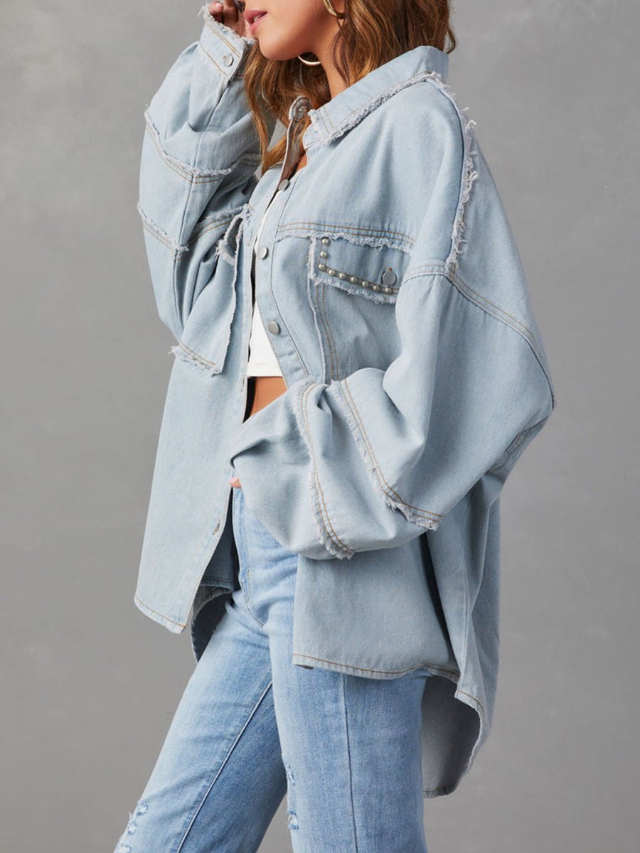Button Down Raw Hem Denim Jacket - Outerwear