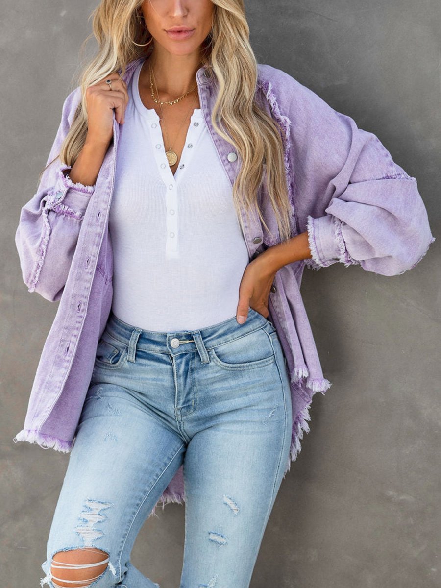 Button Down Raw Hem Denim Jacket - Outerwear