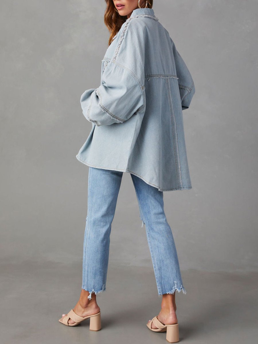 Button Down Raw Hem Denim Jacket - Outerwear
