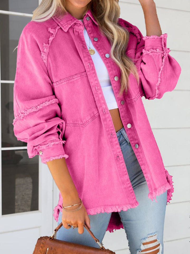 Button Down Raw Hem Denim Jacket - Outerwear