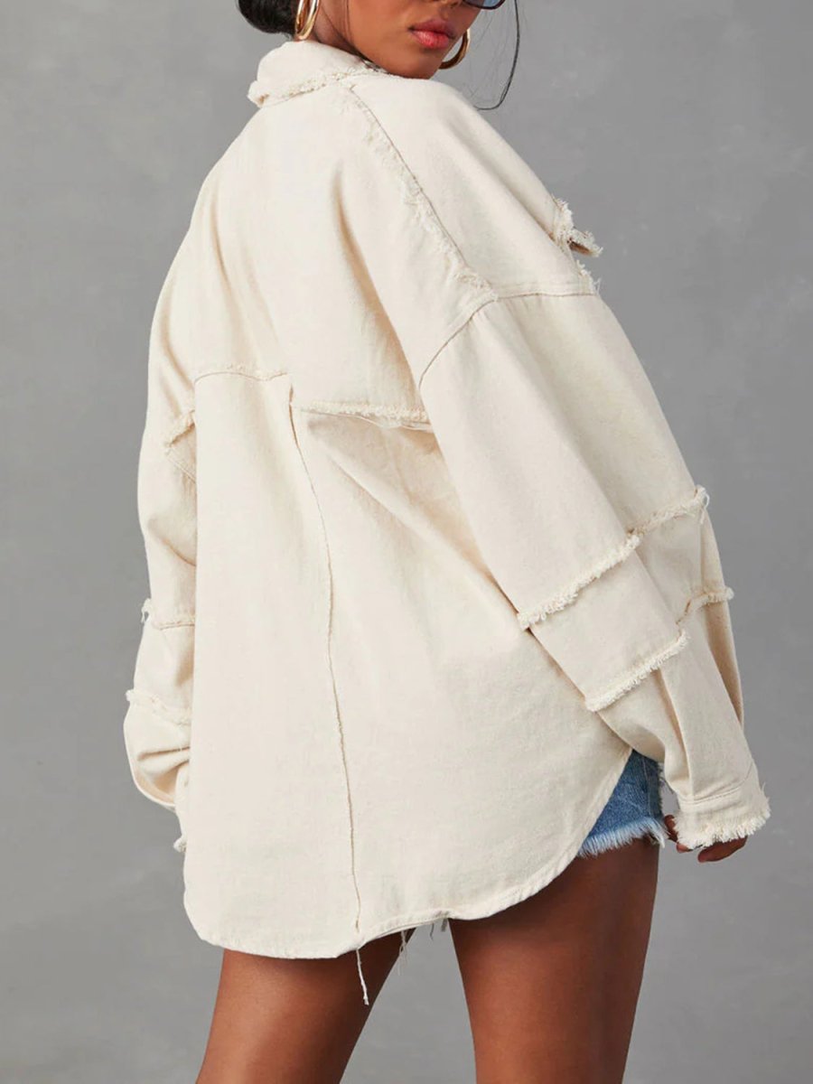 Button Down Raw Hem Denim Jacket - Outerwear